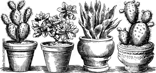 Highly detailed mini cacti in terracotta pots for botanical art and design