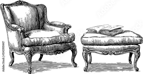 Elegant vintage armchair with book on ottoman for home decor inspiration