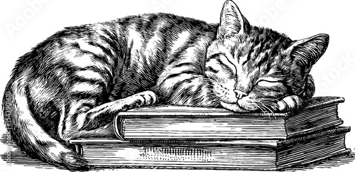 Peaceful cat resting on books: cozy study ambiance for design and decor