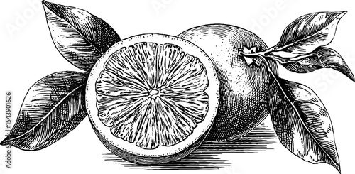 Highly detailed sliced orange with visible pulp and leaves for print design