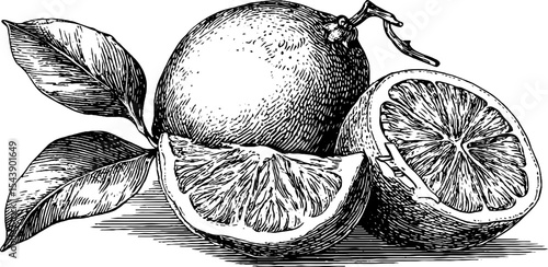 Highly detailed vintage illustration of sliced orange with visible pulp