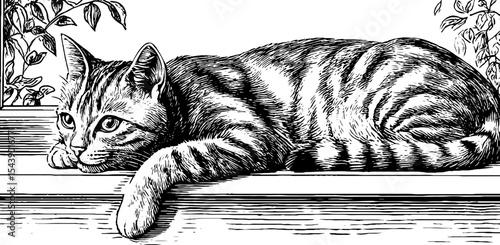 Relaxed cat stretching on a sunny windowsill with detailed floral accents