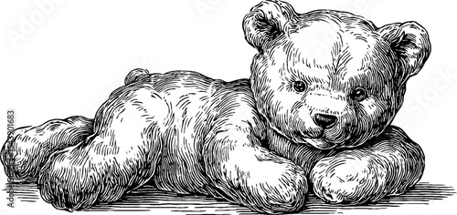 Vintage stuffed teddy bear illustration with missing eye for nostalgic design