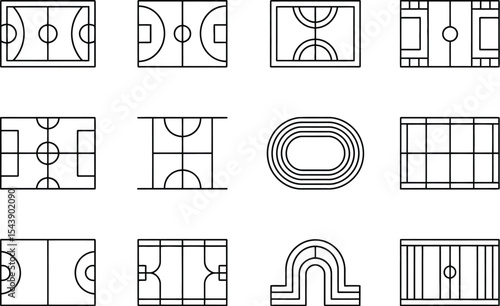 A collection of twelve minimalist line drawings of various sports fields layouts