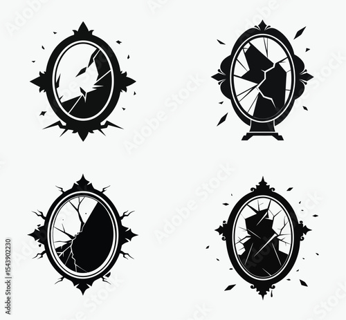 broken mirror silhouette set, Broken mirror with ghostly reflection inside vector art illustration 