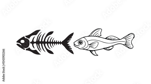 Set of fish icons. fish cartoon,black fish bone  and skeleton on  white background, vector illustration eps 10.