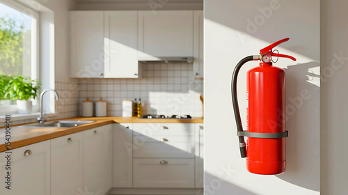 A bright red fire extinguisher is prominently mounted on a white wall in a modern kitchen, bathed in sunlight, emphasizing home safety and preparedness.