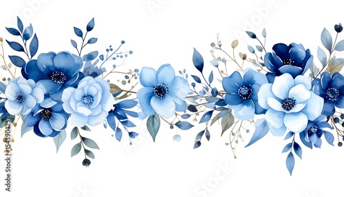 Fototapeta Naklejka Na Ścianę i Meble -  Blue Floral Watercolor Border.