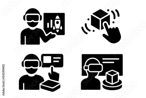 VR Startup Icons. Solid style icons of startup VR tools: immersive pitch, 3D model, product tour, virtual board. Solid style of VR
