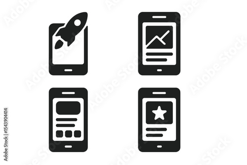 Startup UI Icons. Solid style icons of startup UI design: MVP screen, first layout, product UI, feature preview. Solid style of