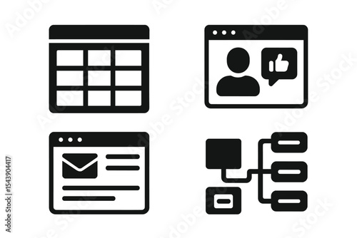 Solid Support Design Icons. Solid style icons of support design: layout grid, UX feedback, form layout, flow map. Solid style of