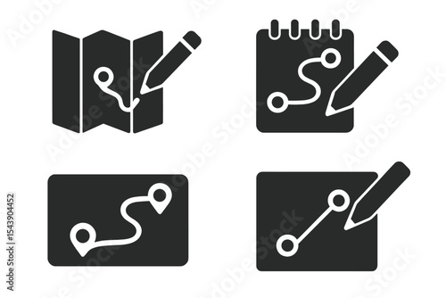 Travel Sketch Icons. Solid style icons of travel sketching: pencil map, journey draft, route layout, visual itinerary. Solid style