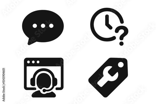 Support Tool Icons. Solid style icons of support tools: chat bubble, help clock, FAQ tab, assistant form. Solid style of time