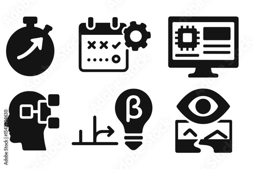 Futuristic Planning Icons. Solid style icons of innovation planning: upgraded timer, futuristic planner, smart layout, beta