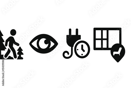 Mindful Break Icons. Solid style icons of mindful break reminders: forest walk icon, eye with soft focus, unplug timer icon,