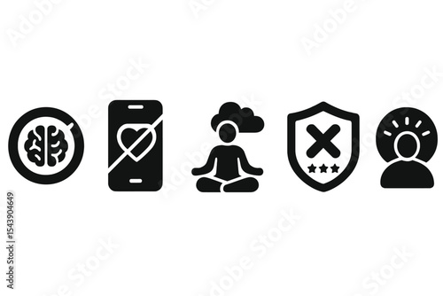 Mindful Digital Detox. Solid style icons of mindful digital detox: digital detox progress, device off with heart icon, mindful