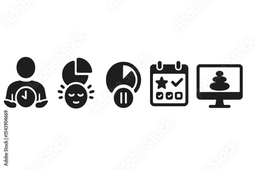 Mindful Time Management Icons. Solid style icons of mindful time management: user with balanced clock, task progress with breath,