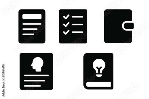Journaling Icons. Solid style icons of journaling tool: note-taking app screen, journal entry checklist, personal diary icon,