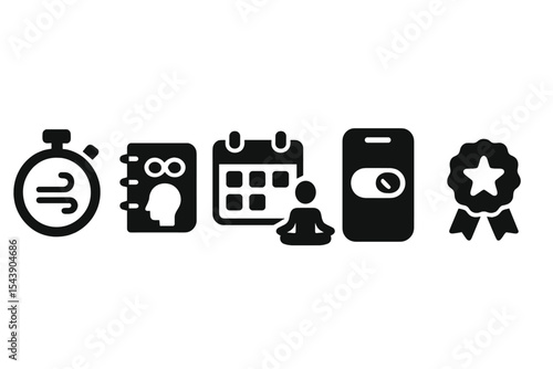 Mindful Time Icons. Solid style icons of mindful time management: timer with breath control, flow state planner, schedule with