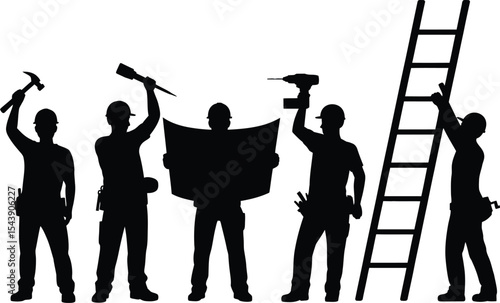 Silhouette of construction workers with tools and ladder on white background