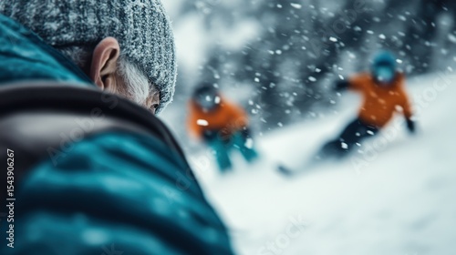 A peaceful winter setting features children playing in the snow while an onlooker watches from a distance, encapsulating the joy and beauty of snowy days filled with laughter.