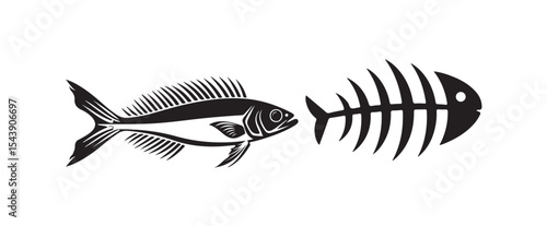 Fish icon set isolated on white background, fish skeleton icon. Fish bone symbol. Cats food sign. vector illustration eps 10.