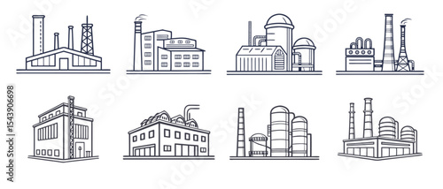 Industrial Factory Icons Set – Line Style Vector Illustration of Manufacturing Buildings and Plants