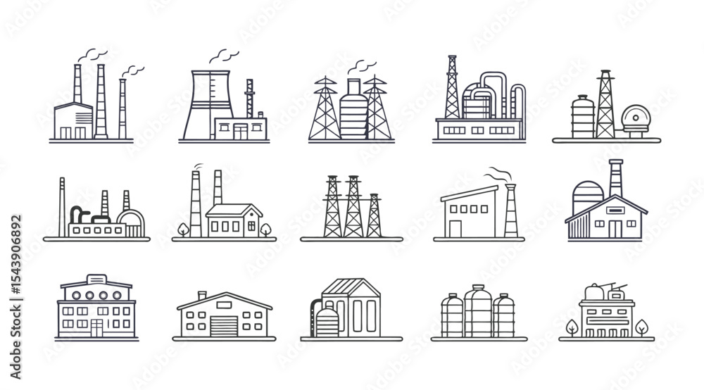 Obraz premium Minimal Line Icons of Industrial Factories – Vector Set of Manufacturing and Production Plants