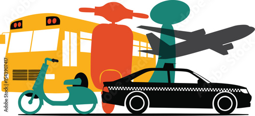 Illustration of diverse transportation modes including bus scooter and airplane