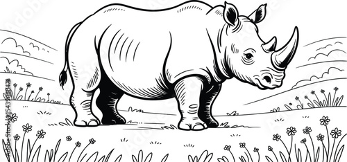 A black and white line drawing of a rhino standing in a grassy field area