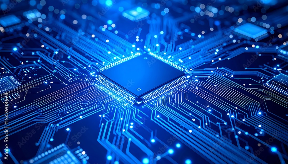 Blue glowing CPU circuit board. Blue glowing CPU circuit board.
