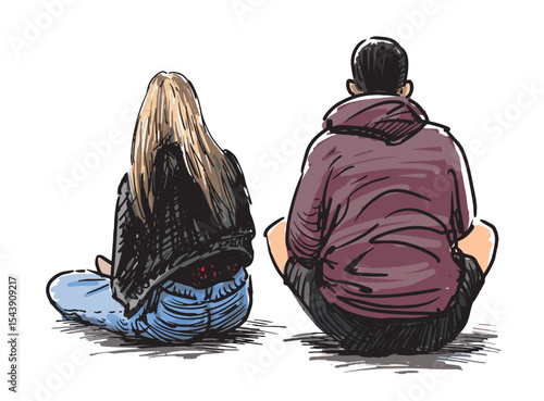 Sketch of couple young people sitting for resting outdoors, back view, realistic hand drawn vector illustration isolated on white