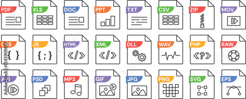 Linear file format icons with various format PDF, JPG and MP3, JS and XML, DLL and SVG, CSV and PSD, PNG and DOC. File types with document extension. Vector isolated set.