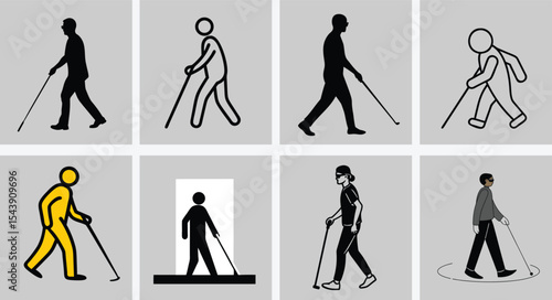 Blind Person Walking with Cane Silhouette  Disability Awareness Vector Icon