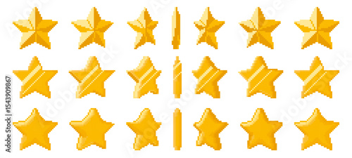 Pixel art golden star animation. Pixelated shiny stars rotation, 8bit retro game gold award in various five pointed star shapes. Animated spin of rating icons vector set.