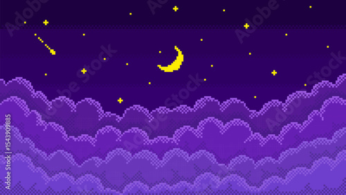 Pixel art starry night sky. Pixelated cloudy skyscape with 8 bit shiny twinkling stars, new moon and layered bitmap clouds, retro video game style vector background illustration.