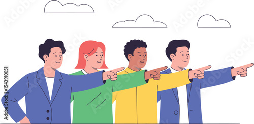 Group of diverse people pointing forward with clouds in the background art