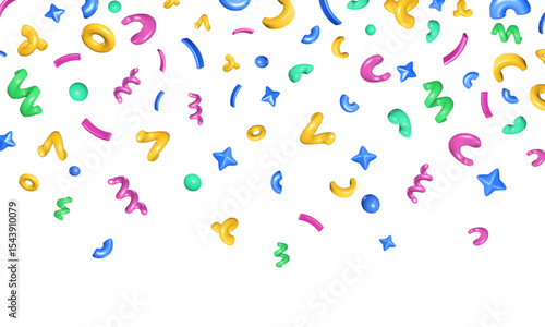 Falling confetti background. Colorful 3D geometric shapes of floating swirl squiggles, curves, stars and circles. Decorative multicolor abstract vector illustration.