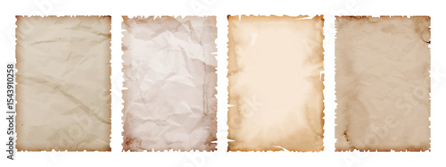 Old paper texture. Vintage parchment sheets with torn edges, aged document templates, antique manuscript pages or weathered book page. Distressed scrapbook frames vector collection.