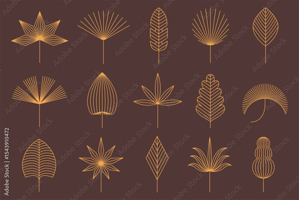 Fototapeta premium Linear floral boho leaf. Tropical leaves, geometric botanical decor, elegant floral outlines bohemian minimalist line art vector shapes set with editable stroke path.