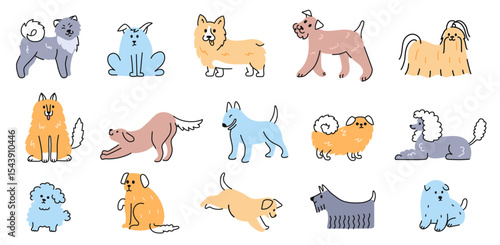 Doodle dogs. Cute hand drawn puppy, playful dog characters in various breeds and different poses for pet themed designs. Isolated animals vector illustration set.
