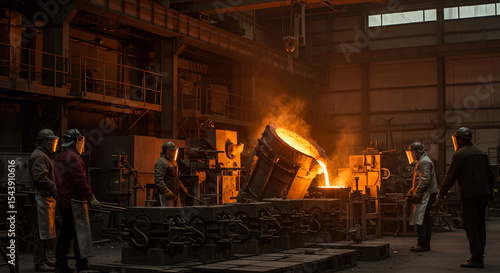 Workers pour molten metal inside industrial factory foundry casting details production