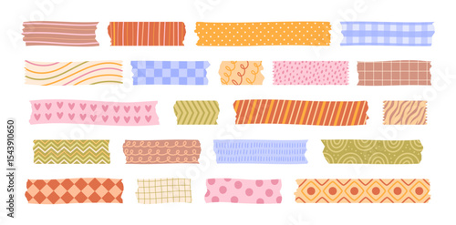 Patterned washi tape. Colorful adhesive strips with hand drawn and abstract geometric patterns. Scrapbooking themed mixed media decorative dividers vector set.