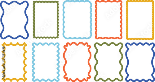 Wavy frames. Curvy border, smooth zigzag scalloped frame and rectangle shapes with wave edge. Retro decorative squiggly card borders vector set with editable stroke paths.