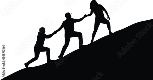 Silhouette of three people helping each other climb up a steep hill together