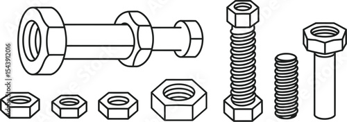 Outlined illustration showing various nuts and bolts on a white background