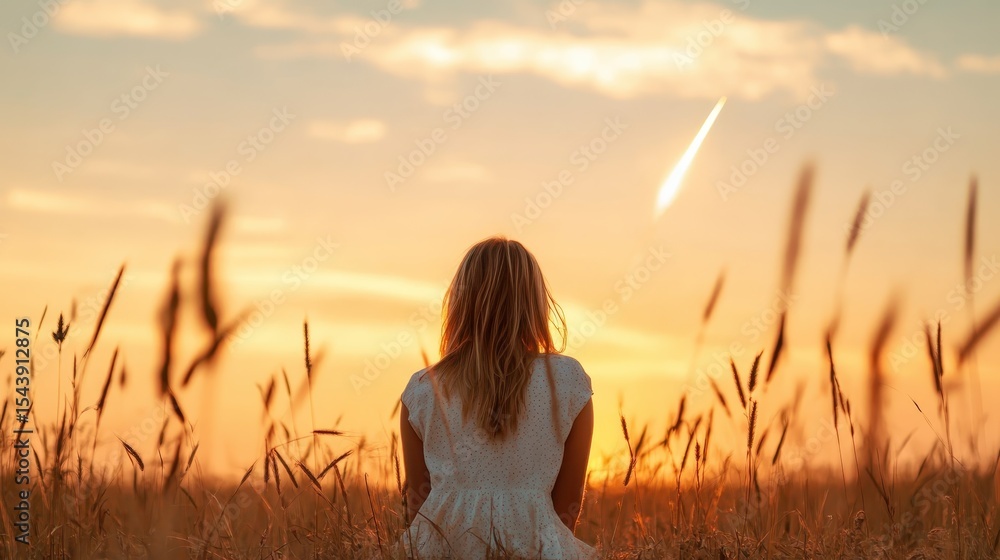 Obraz premium A woman sits serenely in a golden field, gazing at a breathtaking sunset, capturing a moment of reflection, tranquility, and connection with nature, evoking a sense of peace and mindfulness.