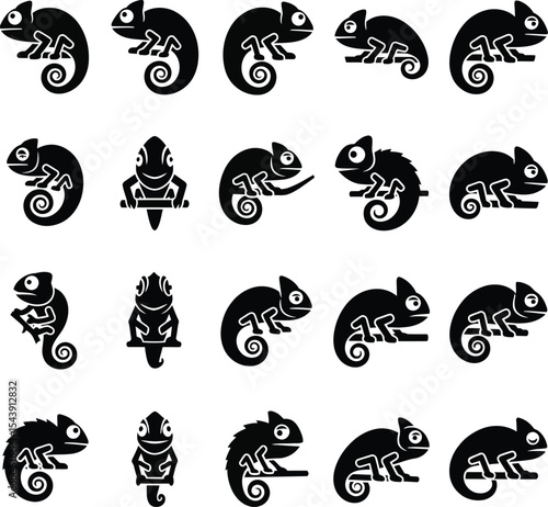 Twenty black chameleon silhouettes in various poses