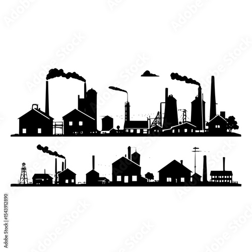 “Industrial‑meets‑rural silhouette: factory + farm + houses, mixed‑use landscape”