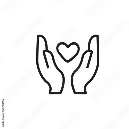 Black isolated outline icon of heart in hands on white background. Line icon of heart and hands. Symbol of care, love, charity.
